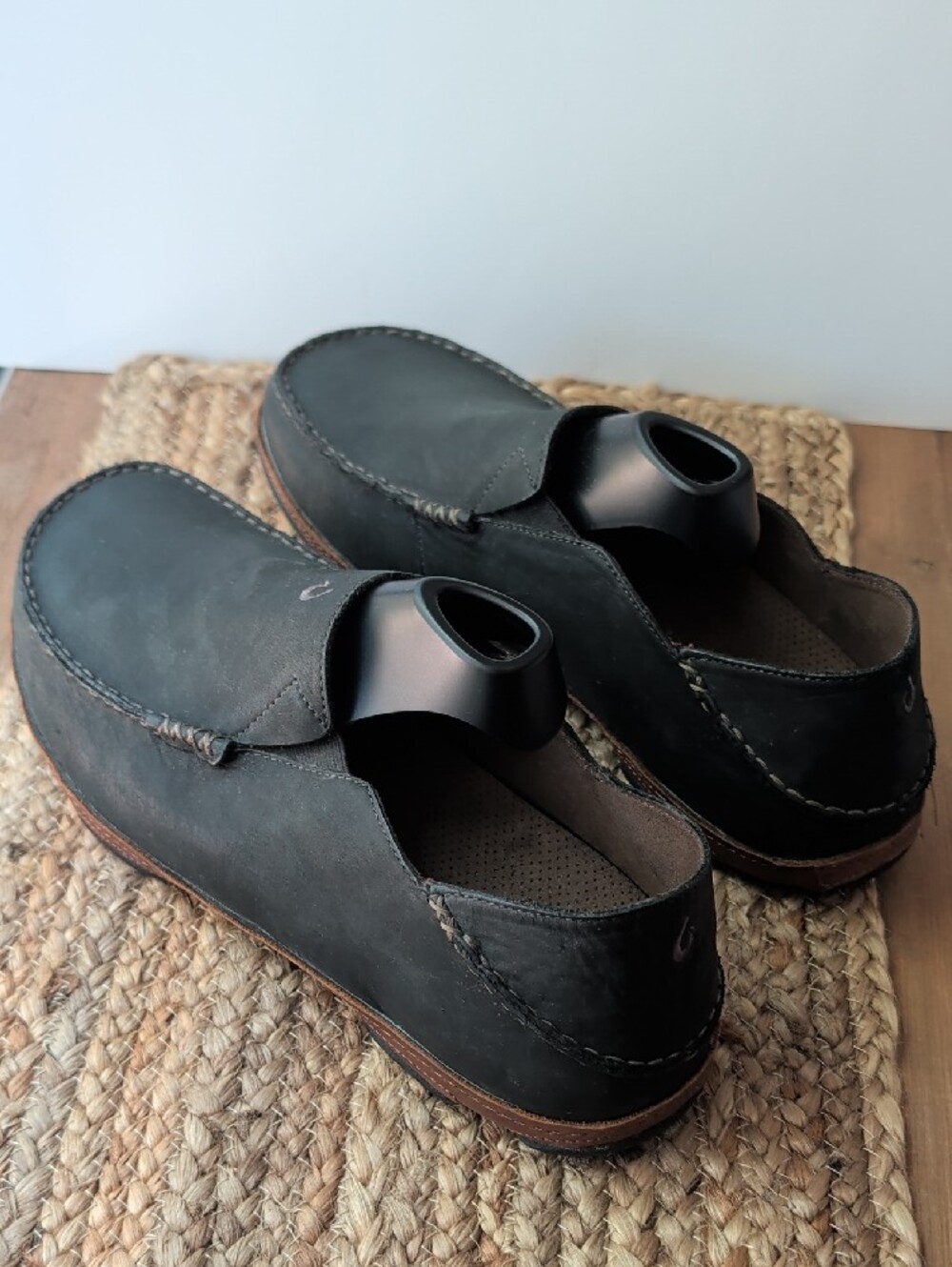 OluKai Men's Black Moloa Leather Slip-On Loafers - Picture 4 of 12